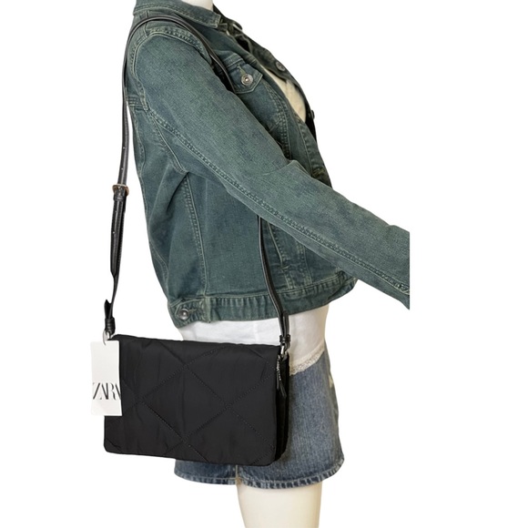 Zara Womens Crossbody Bag Black Quilt Shoulder Bag Purse Adjustable Strap New - Picture 2 of 13